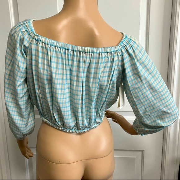 NWT | Wilfred Aritzia | Blue & Offwhite plaid crop top with long sleeves - Picture 2 of 9
